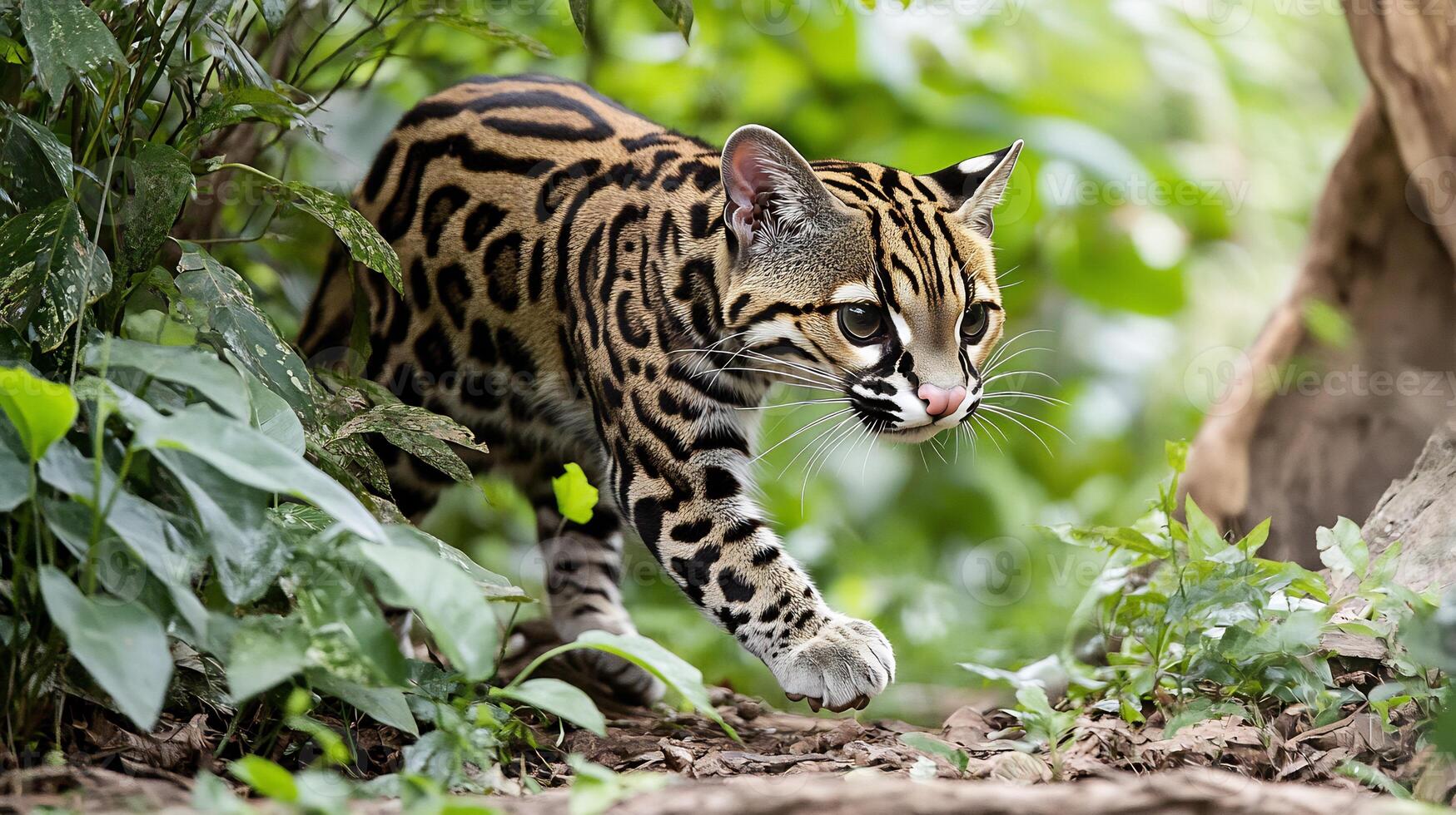 Ocelot Leopardus pardalis phylum Chordata class Mammalia order Carnivora family Felidae emerging dense jungle undergrowth spotted coat blending shadows showcasing stealth and tropical forest habitats photo