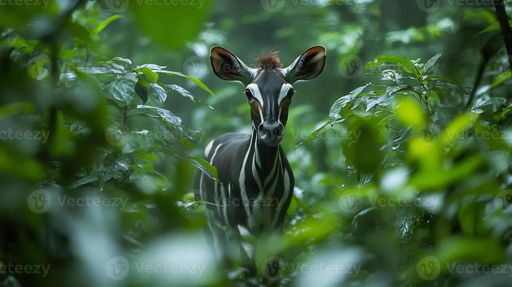 Okapi Okapia johnstoni phylum Chordata class Mammalia order Artiodactyla family Giraffidae emerging misty rainforest foliage its striped legs blending into dense greenery illuminated by soft light photo