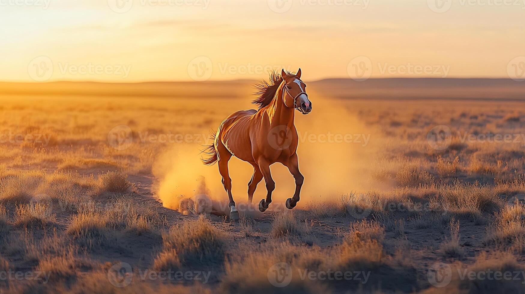 Onager Equus hemionus phylum Chordata class Mammalia order Perissodactyla family Equidae galloping across desert plain its motion highlighted by rising dust and golden sunlight photo