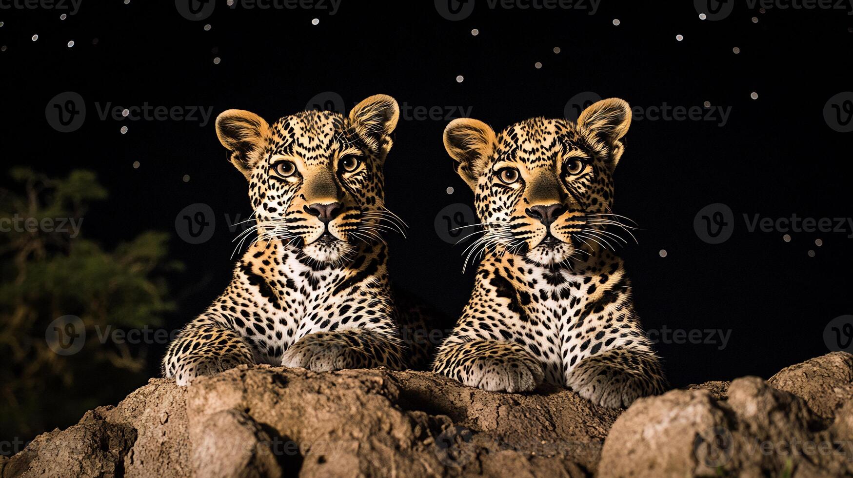 Leopards Panthera pardus phylum Chordata class Mammalia order Carnivora family Felidae lounging a rocky outcrop under a starlit sky their sleek coats glowing under moonlight photo