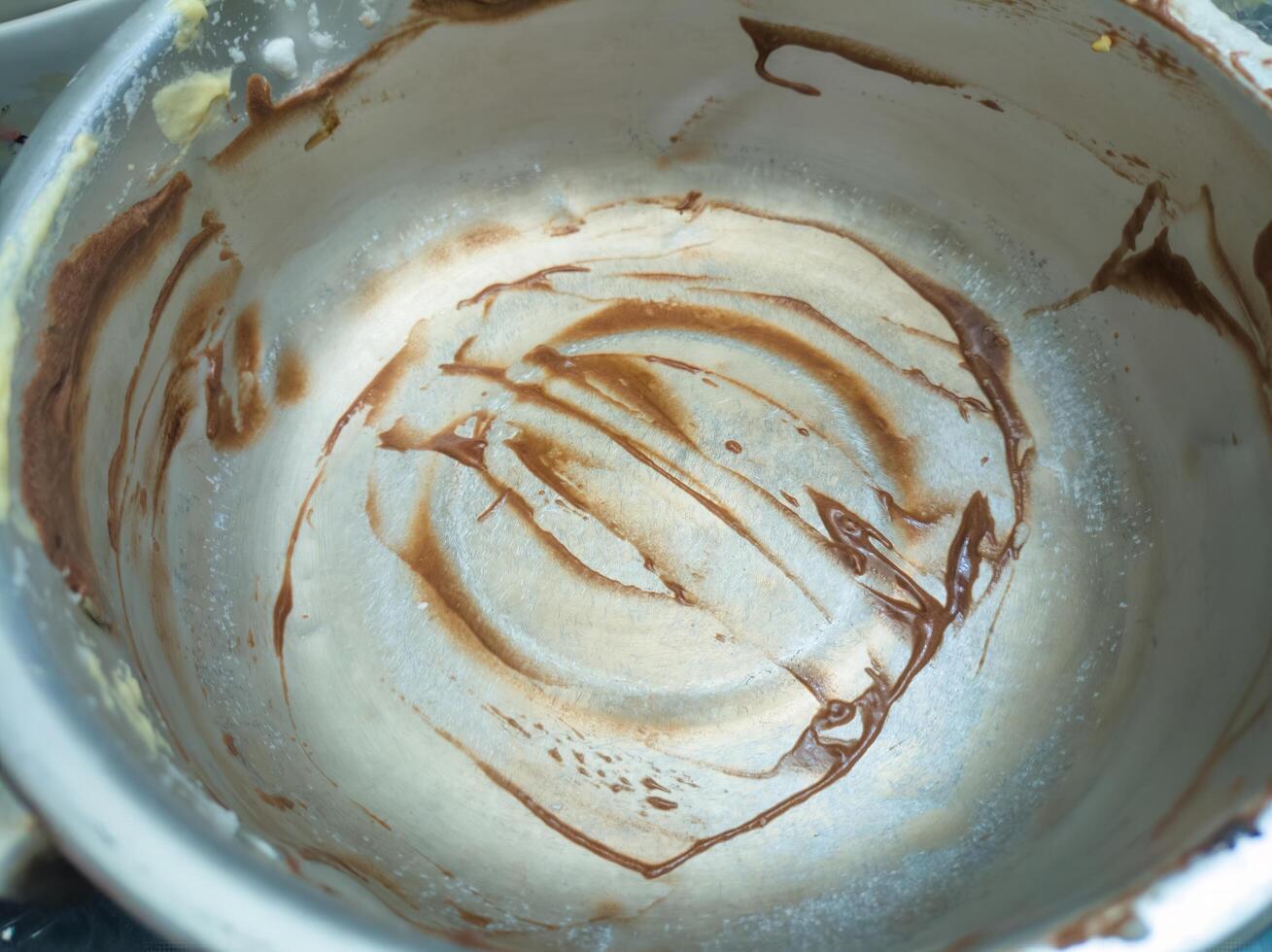 A close up of a mixing bowl with chocolate batter remnants, showcasing swirls and streaks of chocolate. Ideal for baking, cooking, or dessert related themes photo