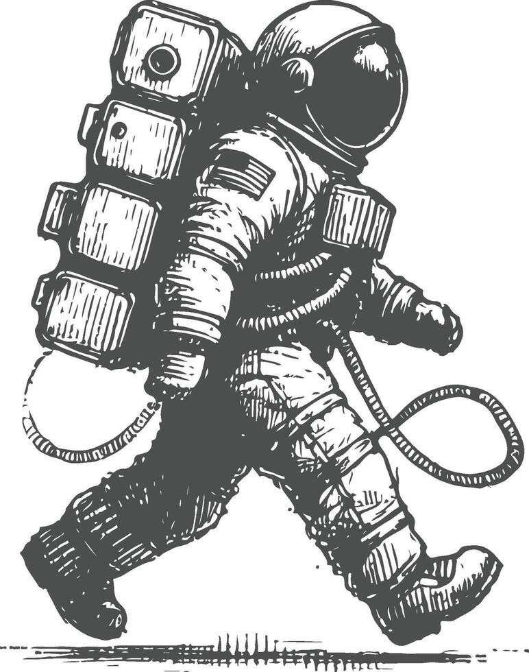 Vintage Hand Drawn Walking Astronaut Illustration in Retro Style vector