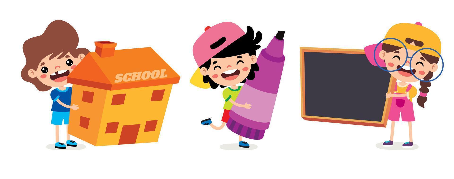 School Supplies And Kids Characters vector