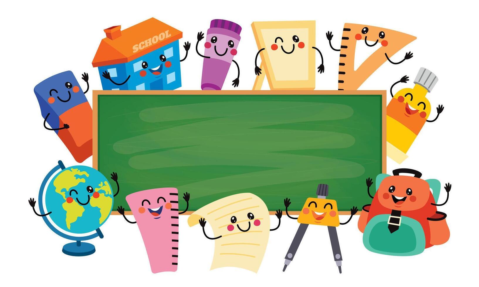Stationery Characters Around Chalkboard vector