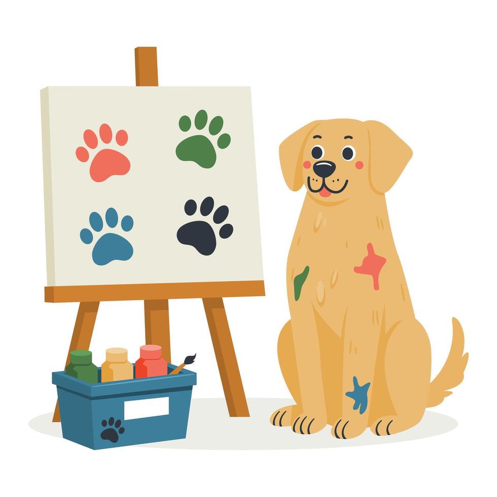 a dog is sitting next to an easel with paint and a paintbrush Creative Dog Painting Paw Prints Canvas vector