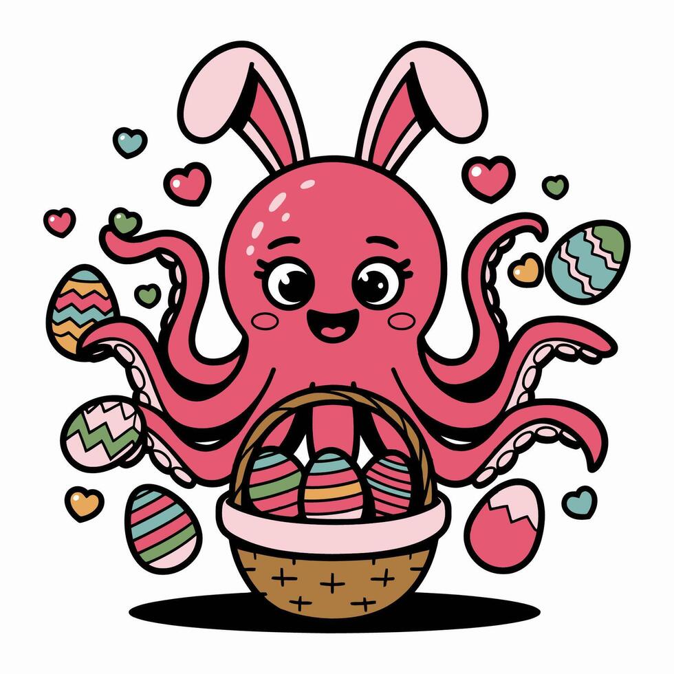 Easter Octopus Bunny with Basket of Eggs Illustratio vector