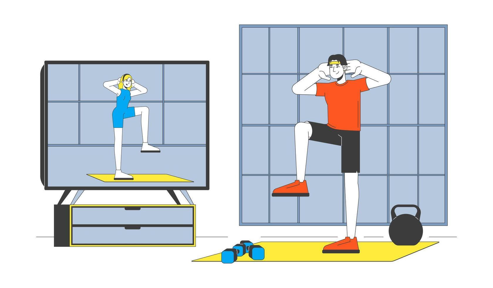 Virtual fitness class on TV cartoon flat illustration. Exercise at home. Online workout personal trainer with man knee lifting 2D character isolated on white background. colorful image vector