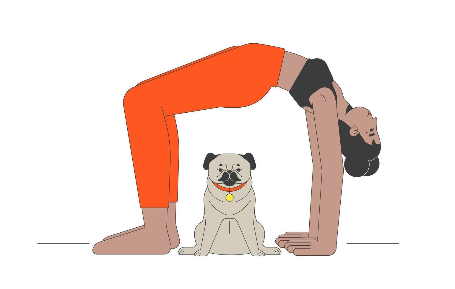Yoga bridge pose with pug dog companion cartoon flat illustration. Stretching exercise. Black woman in sports bra and workout leggings 2D character isolated on white background. colorful image vector