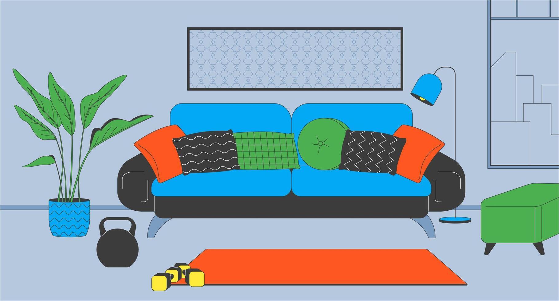 Cozy living room with fitness gear flat illustration. Sofa with cushions, potted plant, yoga mat with kettlebell and dumbbells 2D interior cartoon background. Workout corner at home scene image vector