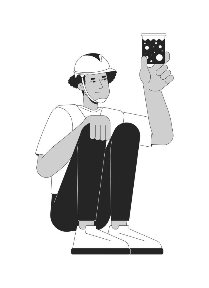 Hispanic male worker inspecting water sample in beaker black and white 2D line character. Water quality testing. Latin american guy isolated outline person. Monochromatic spot illustration vector
