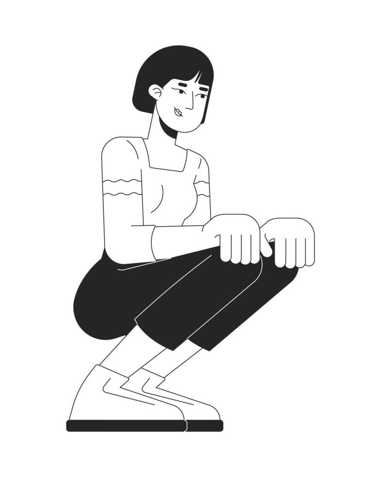 Asian woman squatting in relaxed pose black and white 2D line character. Casual dressed korean female adult crouching comfortable isolated outline person. Monochromatic spot illustration vector