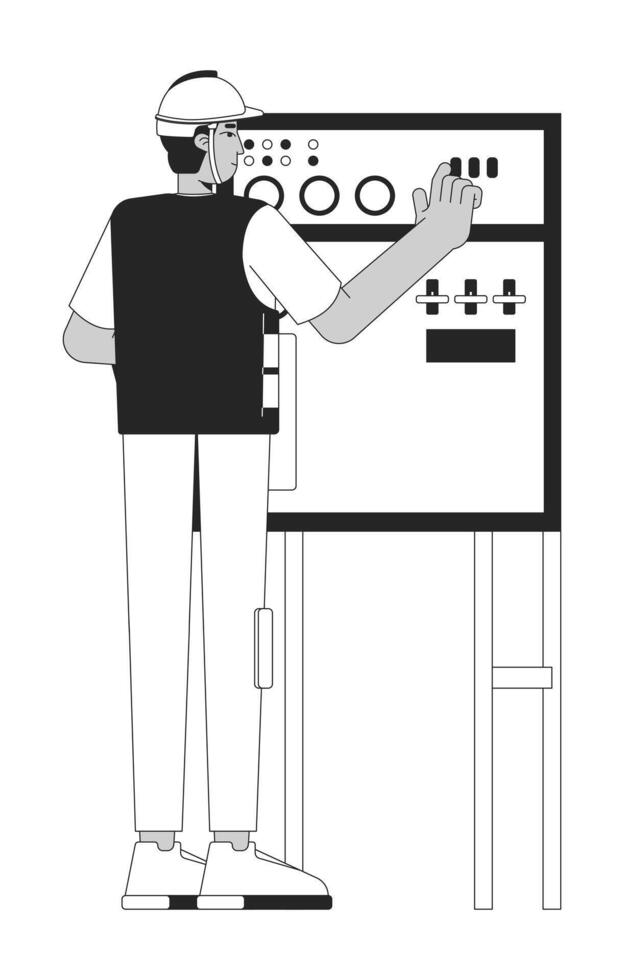 Indian male worker operating drilling control panel black and white 2D line character. Industrial equipment. South asian man operator isolated outline person. Monochromatic spot illustration vector