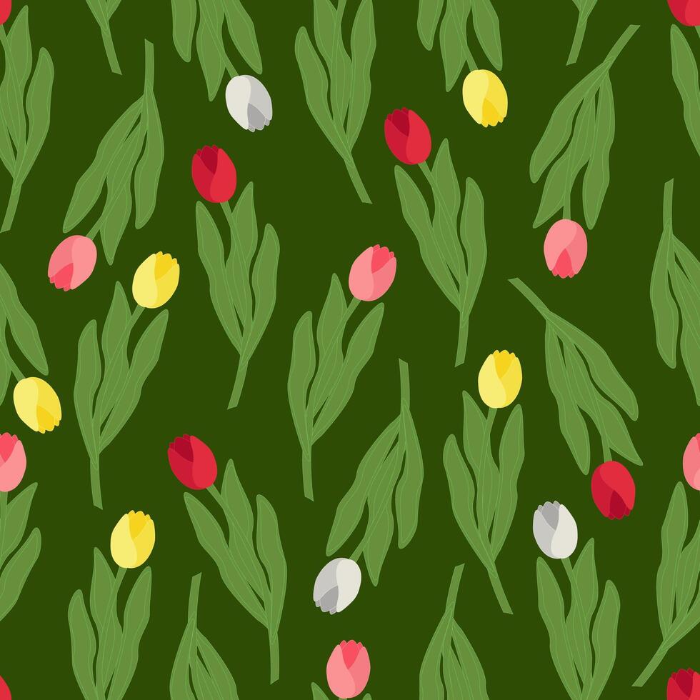 Seamless spring floral pattern multicolored tulips on dark green vector