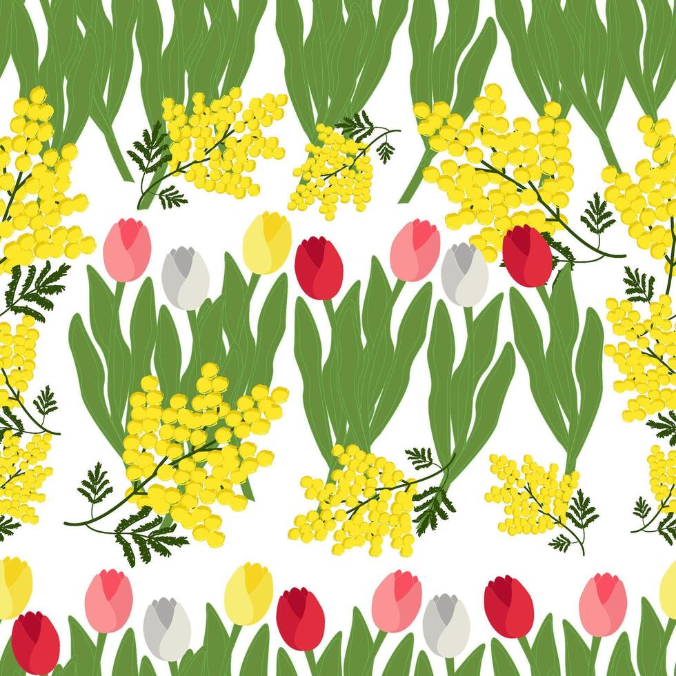 Seamless spring floral pattern tulips and mimosa vector