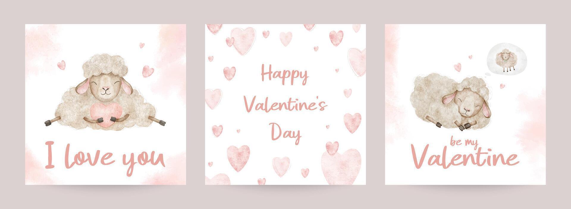 Set of Valentine's day cards with sleeping Sheep and hearts. Hand drawn watercolor backgrounds with lambs in love. Collection Templates for the 14th of february, declaration of love, romantic poster vector