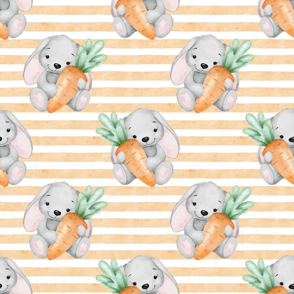 Bunny grasping carrots with tops. Hare embraces large carrot. Hand drawn watercolor seamless pattern of rabbits on orange striped background for children's goods, baby's textiles, bedding, pajamas. vector