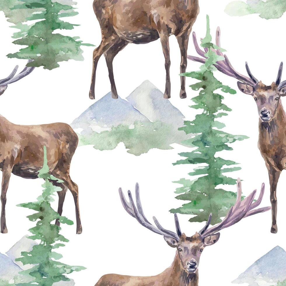 Deer in the forest seamless pattern, watercolor. Hand drawn illustration. For cards, labels, covers, wallpapers, fabric, textile. vector