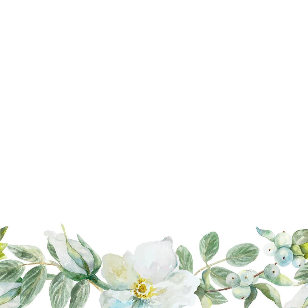 Floral seamless border with green leaves, watercolor. Hand drawn illustration. For greeting cards, wedding invitations, labels, covers. vector