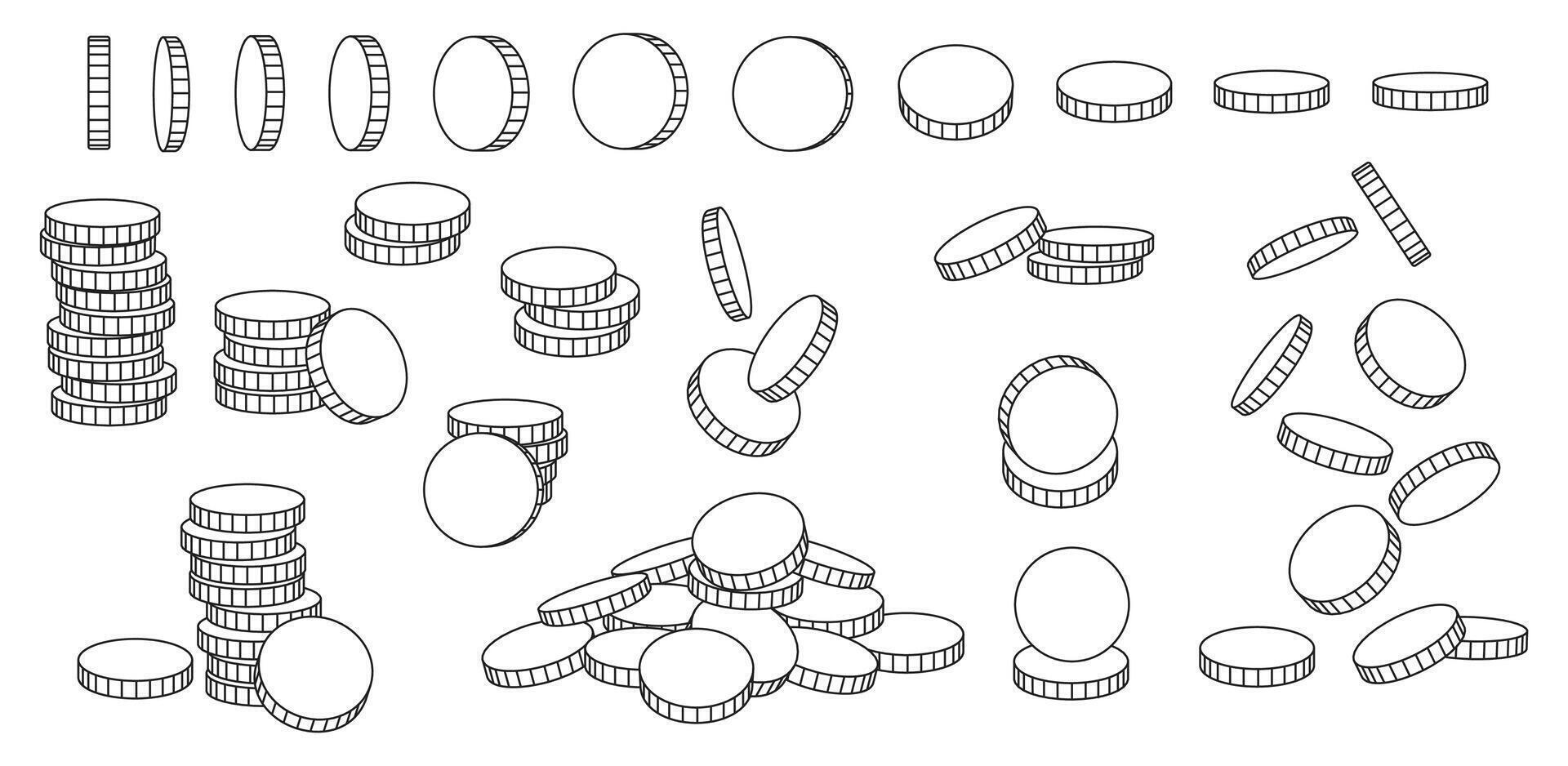 Doodle coins. Hand drawn flying and rotating line coin. Stacks and piles of coins. Money cash, investment and banking, business profit icons. isolated linear set vector