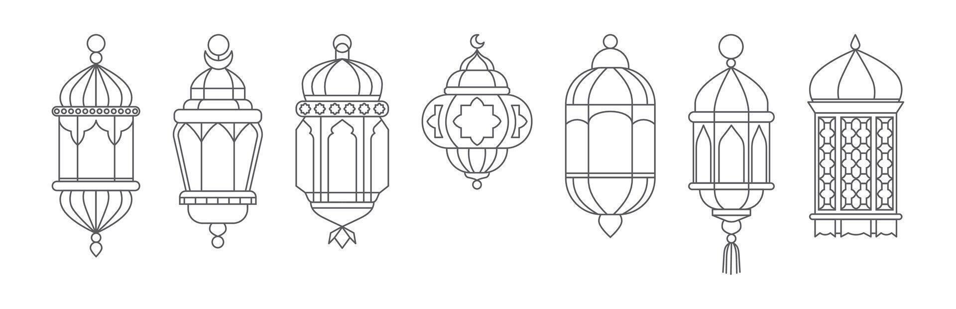 Lanterns ramadan line. Arabic traditional vintage lantern in linear style for muslim Ramadan Kareem holiday. Islamic design elements. retro lamps isolated set vector