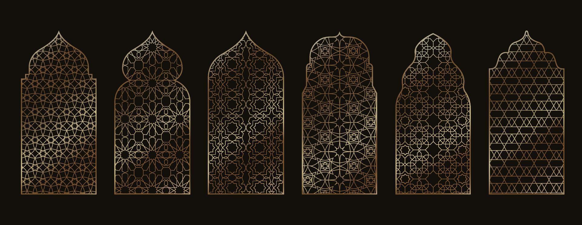 Ramadan islamic windows. Arabic golden mosque window with traditional Muslim oriental patterns, Ramadan Kareem gate doors. retro architectural isolated set vector