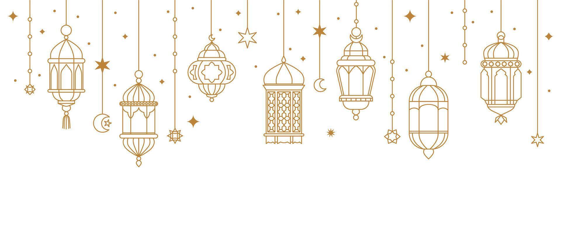 Ramadan Kareem arabic lanterns. Muslim traditional hanging lanterns for greeting card, Islamic golden oriental garland with lamp, crescent and stars. background vector