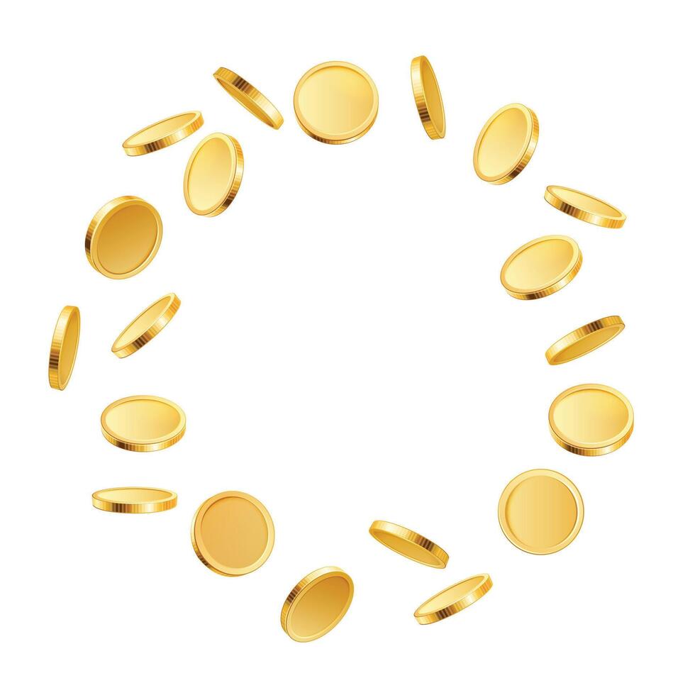 Gold rotating coins. 3d golden realistic coins flying by circle, money prize cash explosion isolated. gambling game, casino and jackpot concept vector