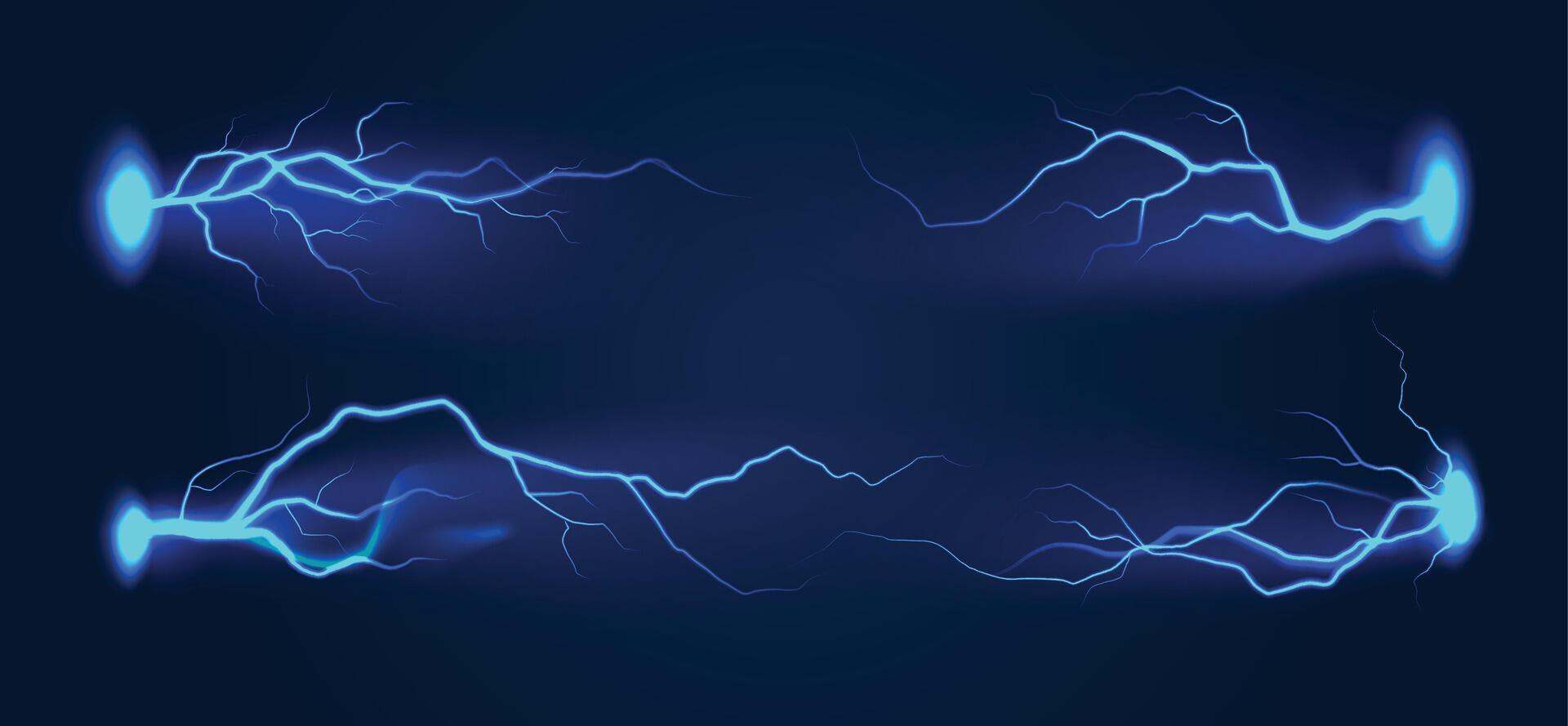 Realistic blue lightning. Thunder storm flash horizontal lightnings. Electric strike, thunderbolt bright light effect, power energy charge. isolated set vector