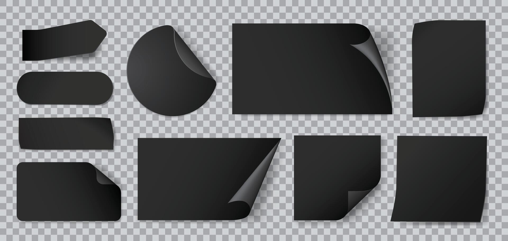 Realistic black stickers. Paper sticker of different shapes with shadow and folded edges, black price tags, blank sticky notes for memo. isolated set vector