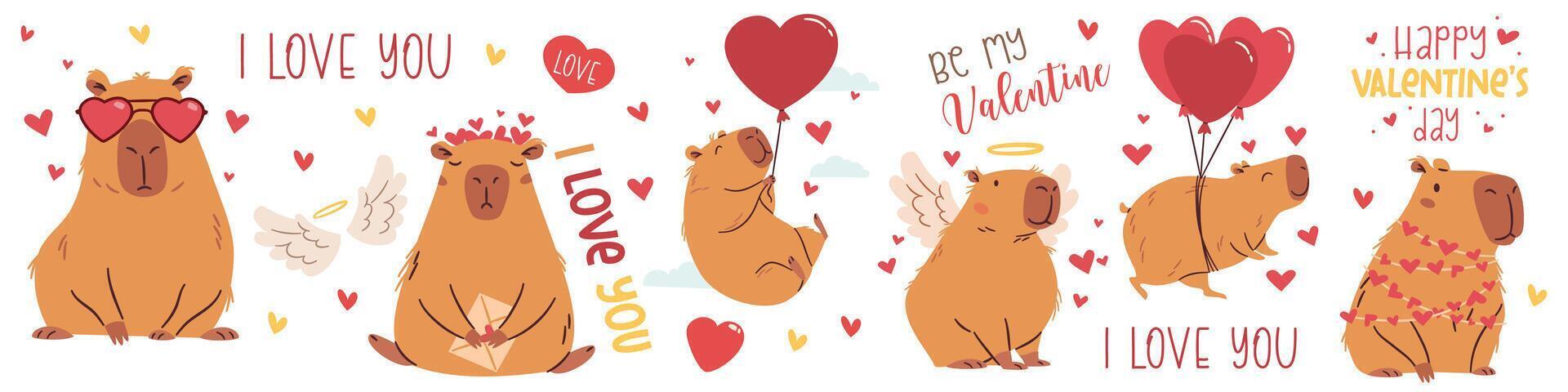 A set of flat illustrations in a simple children's style on the theme of valentine's day. Cute capybaras with hearts and wings on white background, captions vector