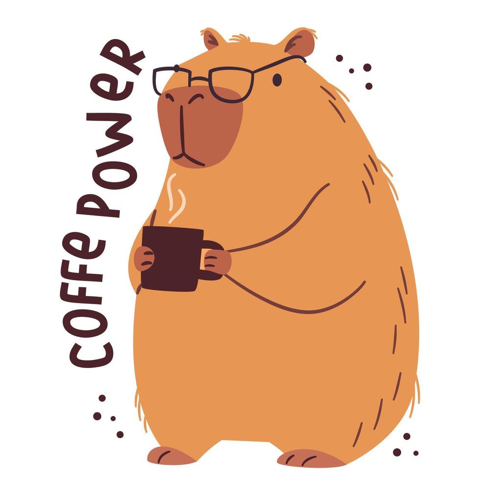 Flat illustration in a simple children's style. Cute capybara in office glasses holding a mug with coffee, caption coffee power vector