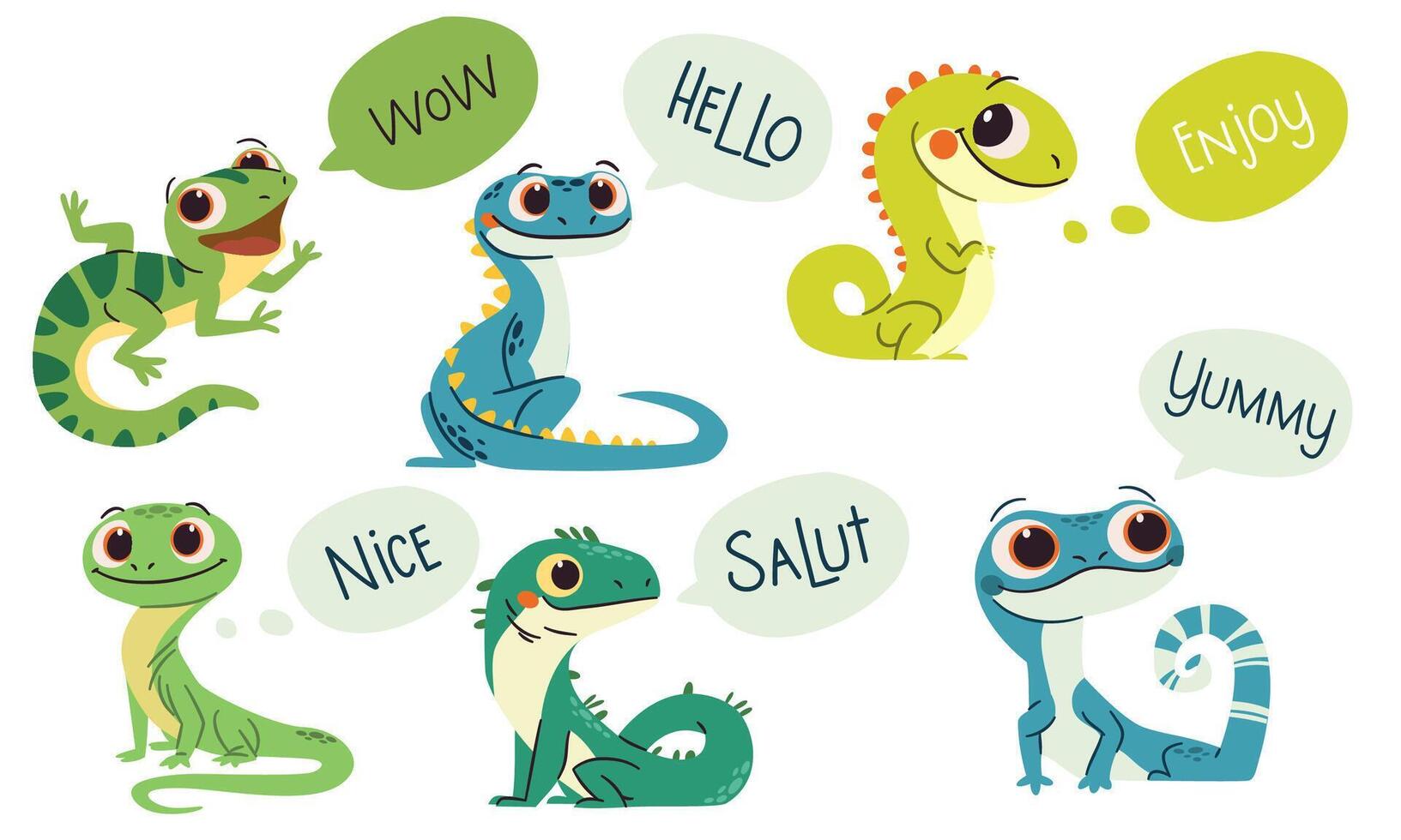 Set of flat illustrations in simple child style on white background. Cute lizards with big eyes, speech bubbles with lettering vector