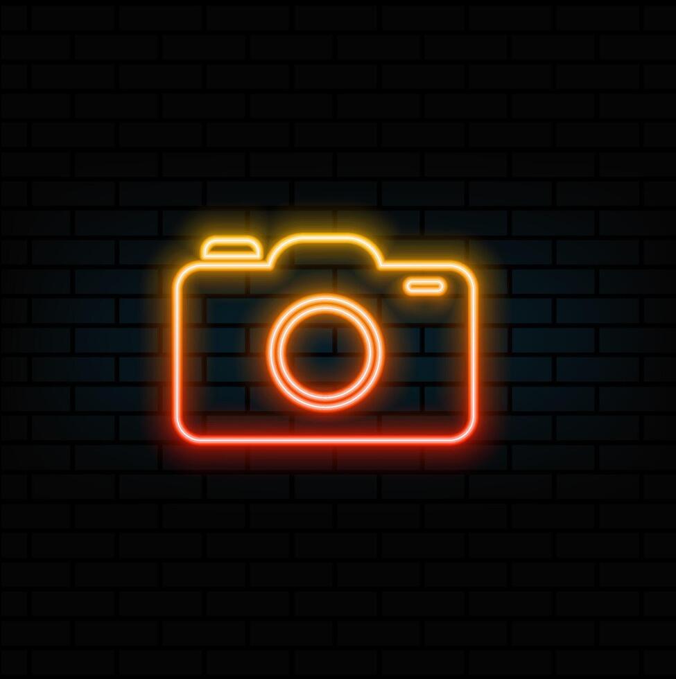 Photo camera neon icon. Electronics store sign. Bright effect band. Stock Illustration vector