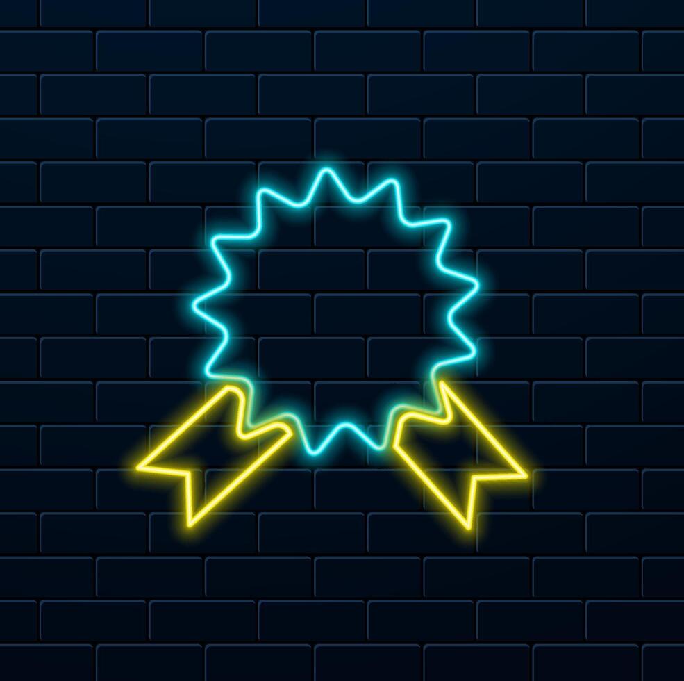 Award medal line icon. Neon laser lights. Winner's achievement symbol. A sign of glory or honor. Banner badge with reward icon. isolated on brick wall vector