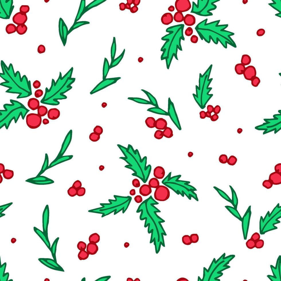 Hand-drawn color seamless pattern. Branches, green leaves and red berries of holly on a white background. For prints, packaging, textile products, postcard, New Year, Christmas designs. vector