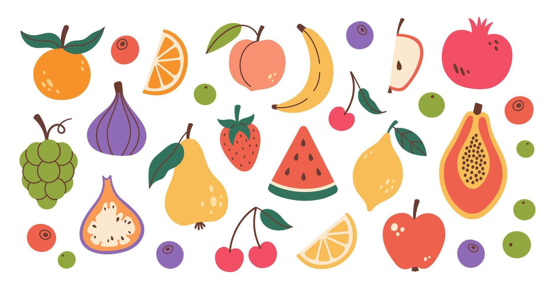 Set of different fruits and berries. Collection of organic vitamins and healthy nutrition. Isolated Watermelon, banana, peach, apple, cherry, pear, grapes, lemon. Flat design, doodle style. vector