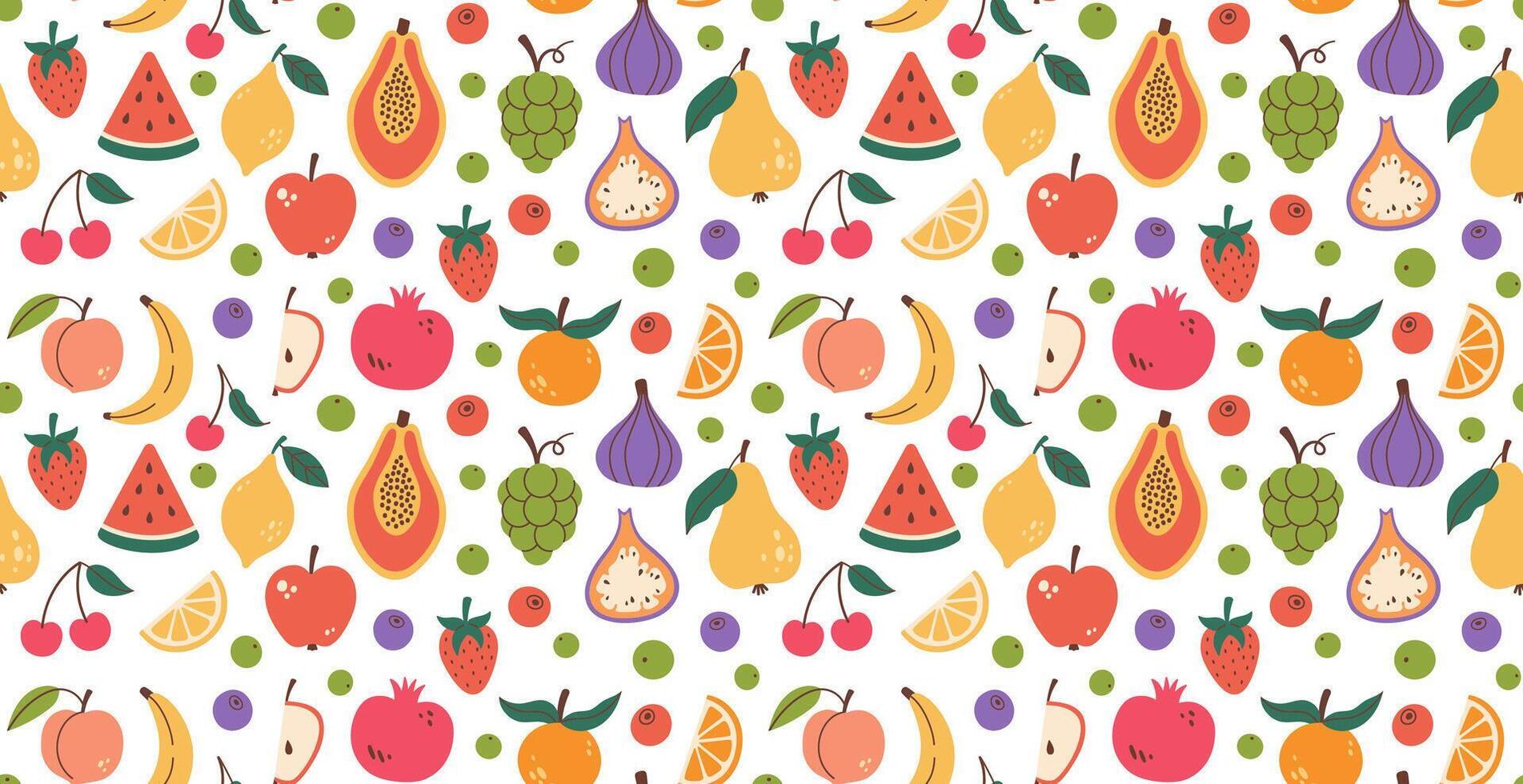 Fruits collection seamless pattern. Different fruits and berries. Hand drawn Organic vitamins and healthy nutrition texture. Flat design, doodle style. illustration vector