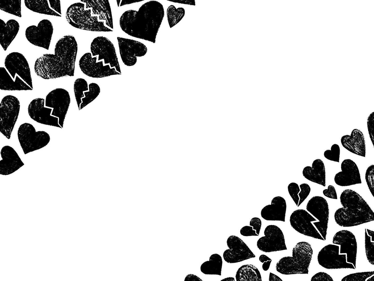 Hand-drawn black broken hearts pattern with empty white space vector