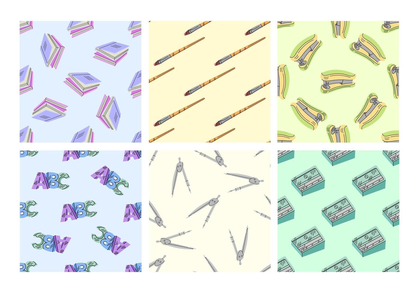 Set of seamless patterns with school supplies in flat style vector