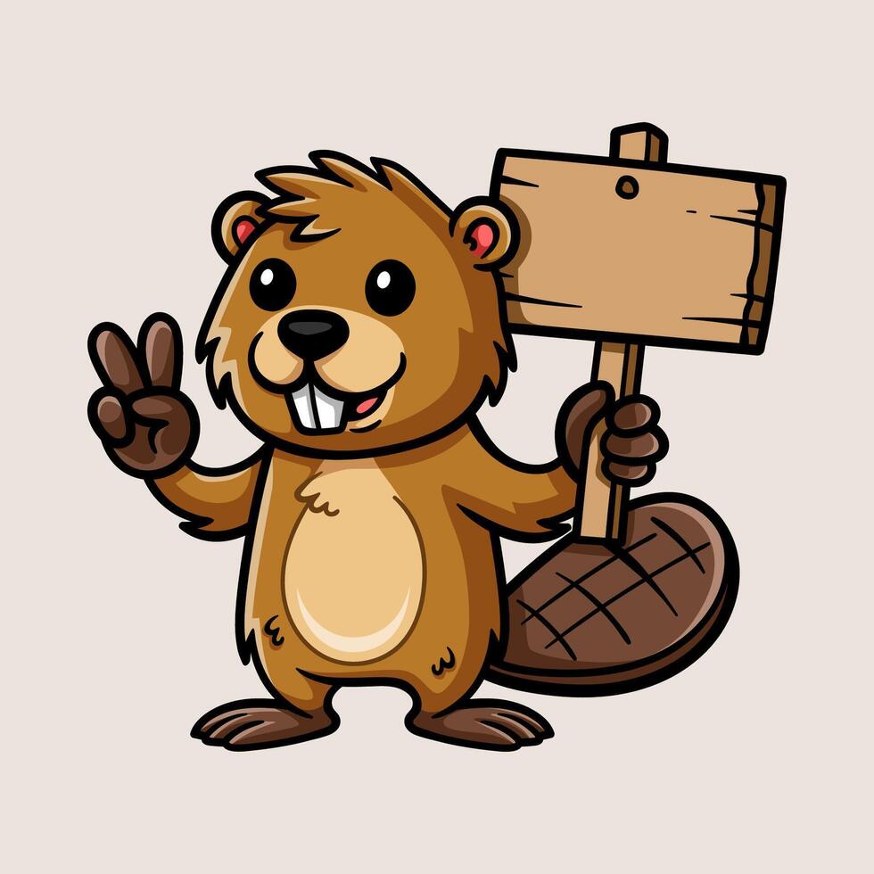 fun cute beaver hold wood sign cartoon colored isolated drawing line art style sketch classic vintage design illustration vector