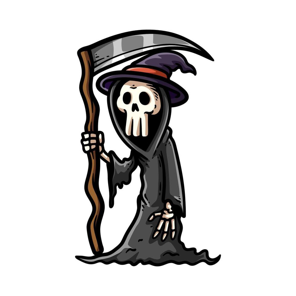 fun grim reaper with sickle scythe cartoon colored character isolated drawing line art style sketch classic vintage design illustration vector