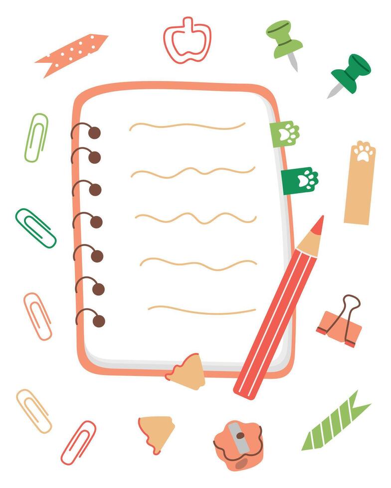 illustration of notepad and stationery with cute paw tabs, Ideal for school, office or planning projects, suitable for digital or print use vector