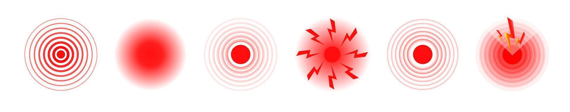 Pain red circle or localization mark, aching place sign, abstract symbol of pain, sore spot or hurt body part marker, design element for painkiller advertisement and medical information posters vector
