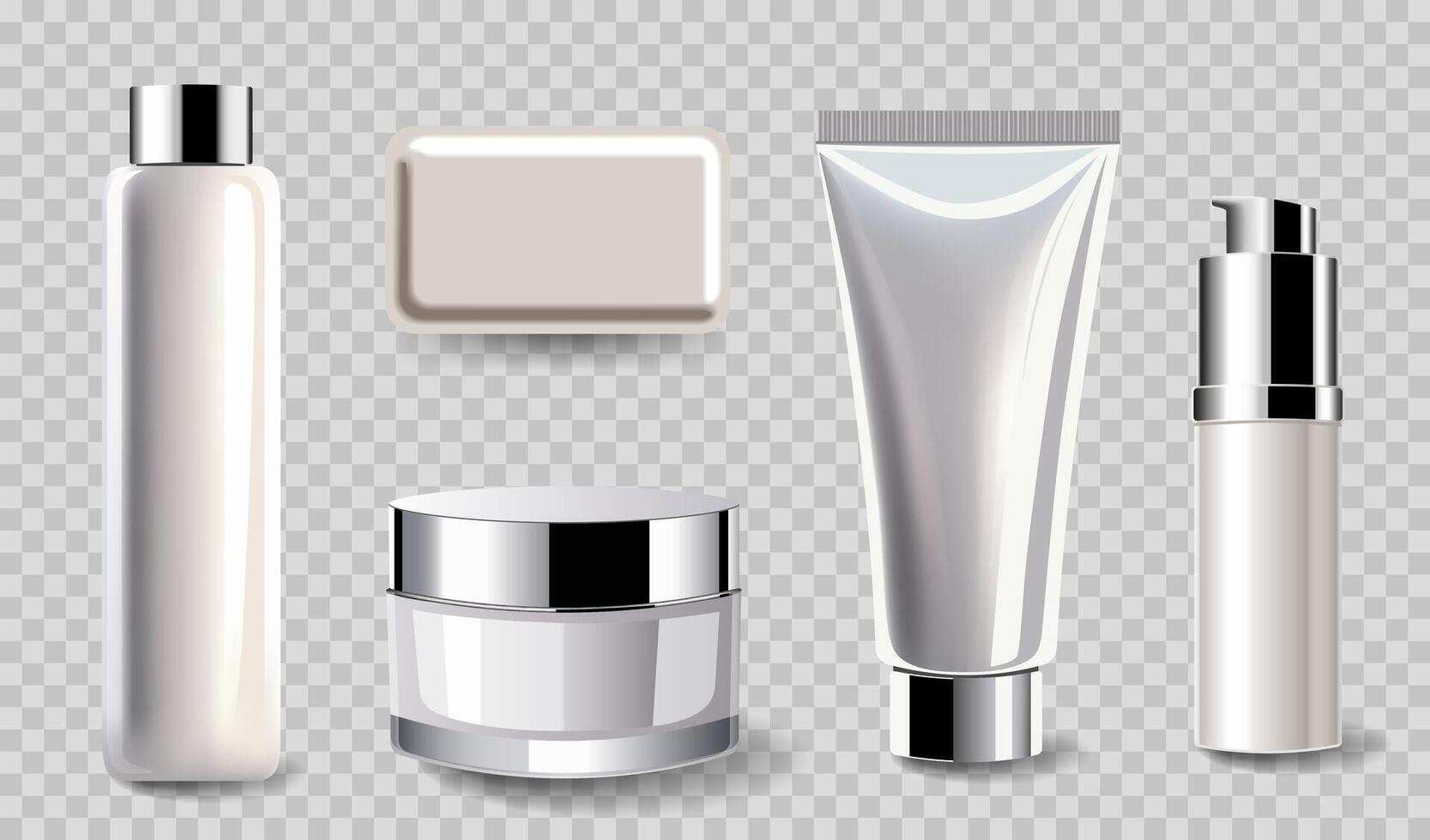 Realistic cosmetic mockups. Bottle, jar and tube for cream. Shampoo, soap, skin care. Blank cosmetic package set. vector
