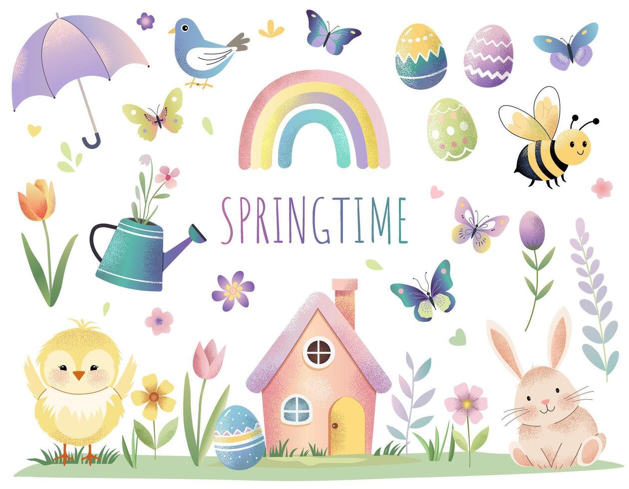 Set of cute spring elements in watercolor style. Spring holidays, Easter. Collection of childlike stickers in pastel colors. vector