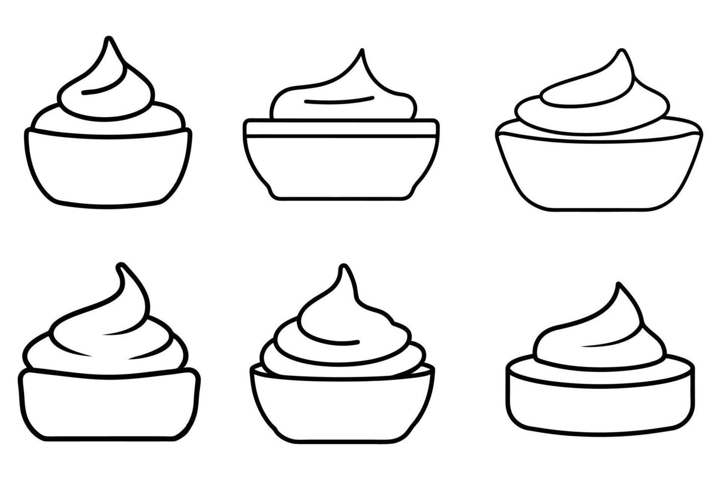 Six Outline Illustrations of Creamy Dips in Bowls vector