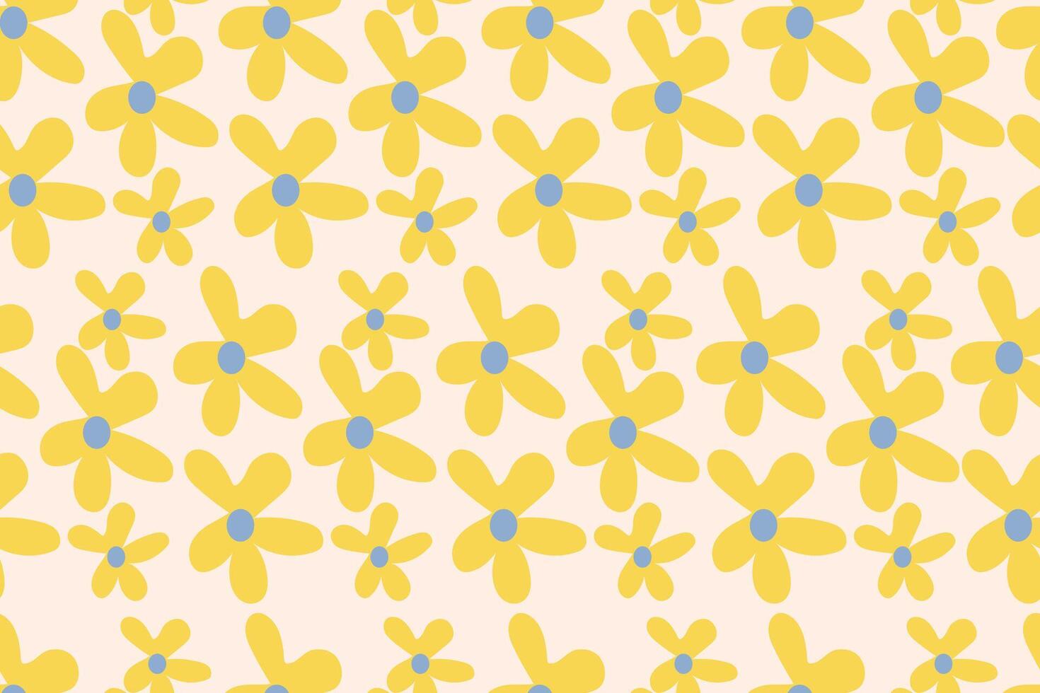 Bright yellow floral pattern with blue centers on a soft beige background. Graphic pattern for fabric, wallpaper, packaging. Ornate Damask flower ornament vector