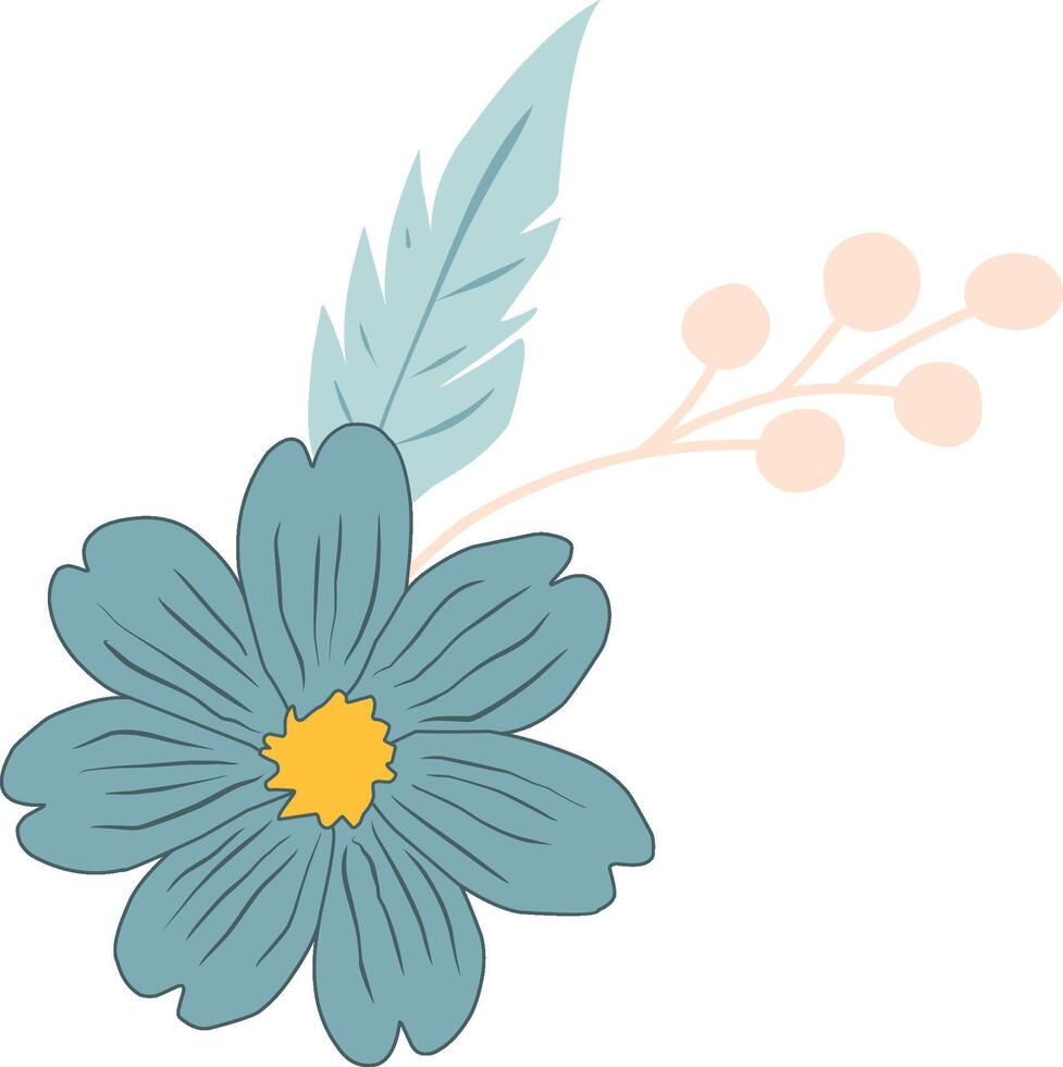 Simple minimalist blue flower illustration with pastel green leaves vector