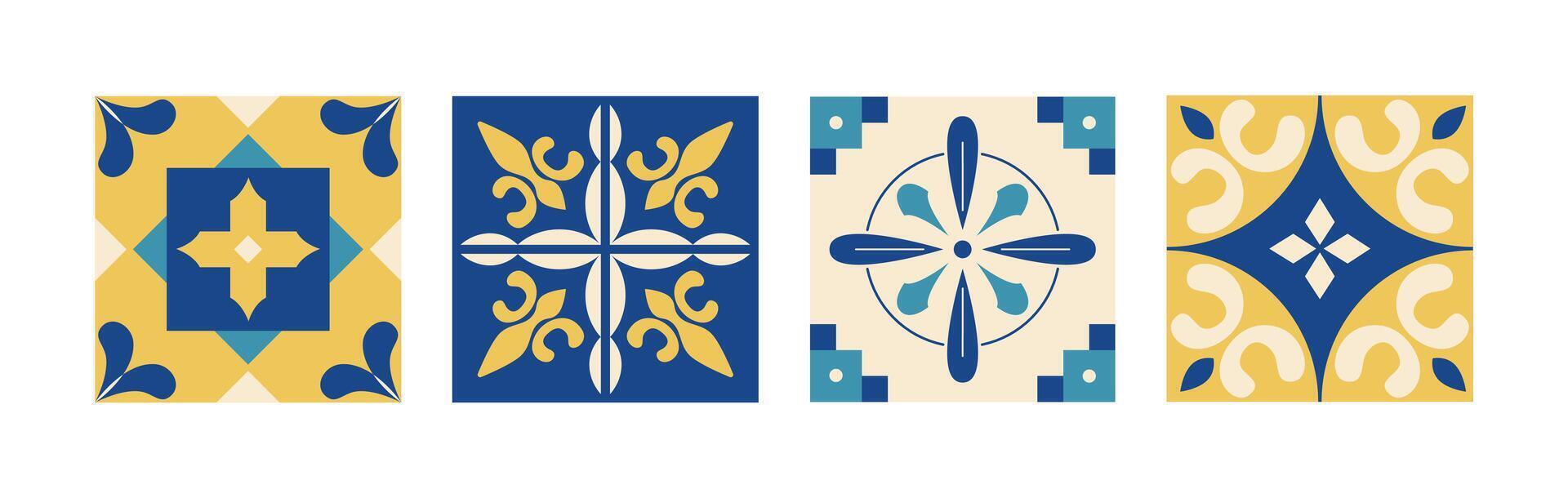 Traditional Mediterranean blue and yellow tiles. Azulejos. Abstract geometric patterned background. Italian, Portuguese, Spanish, Moroccan style. Mosaic. illustration. vector