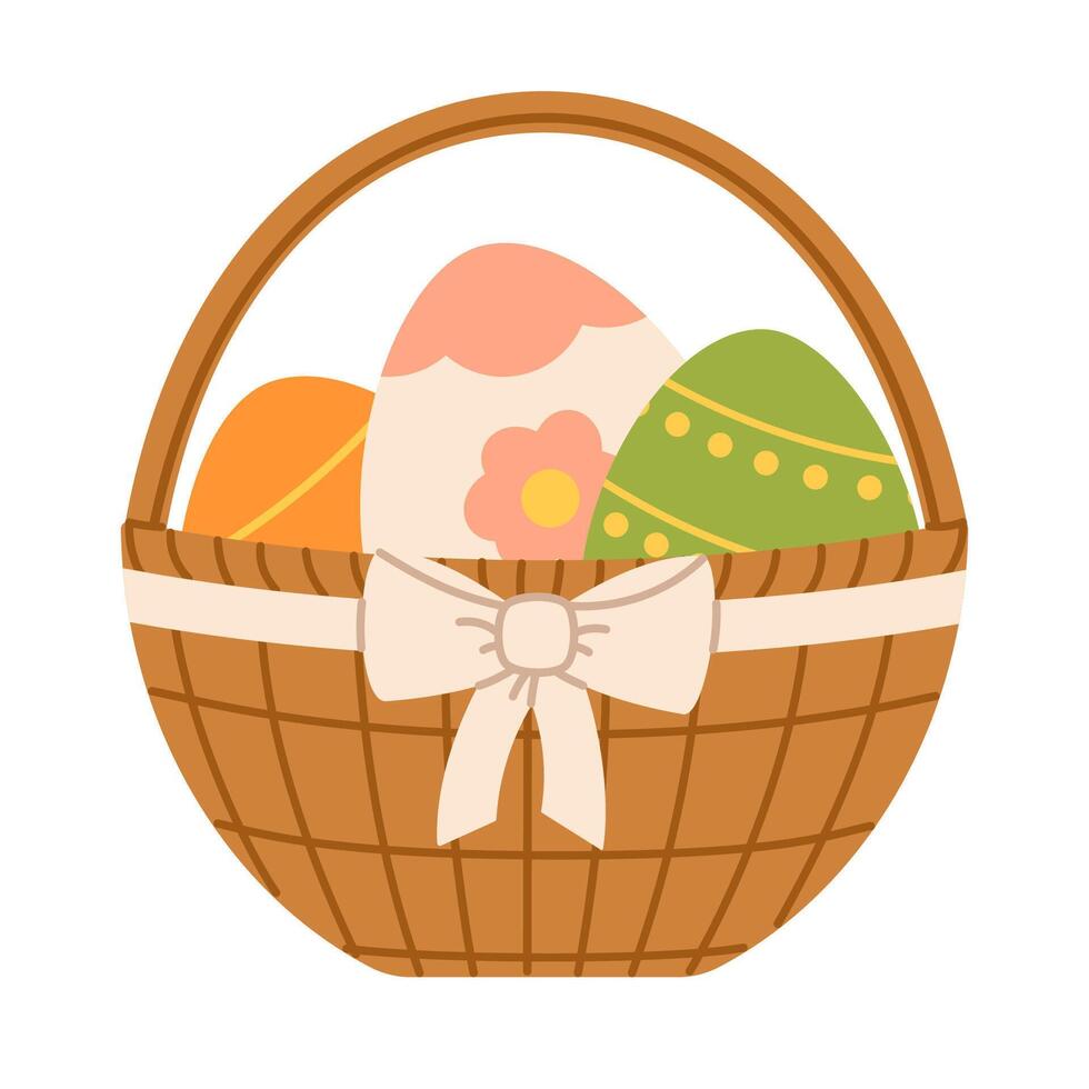 Easter wicker basket with colored easter eggs. Flat isolated illustration vector